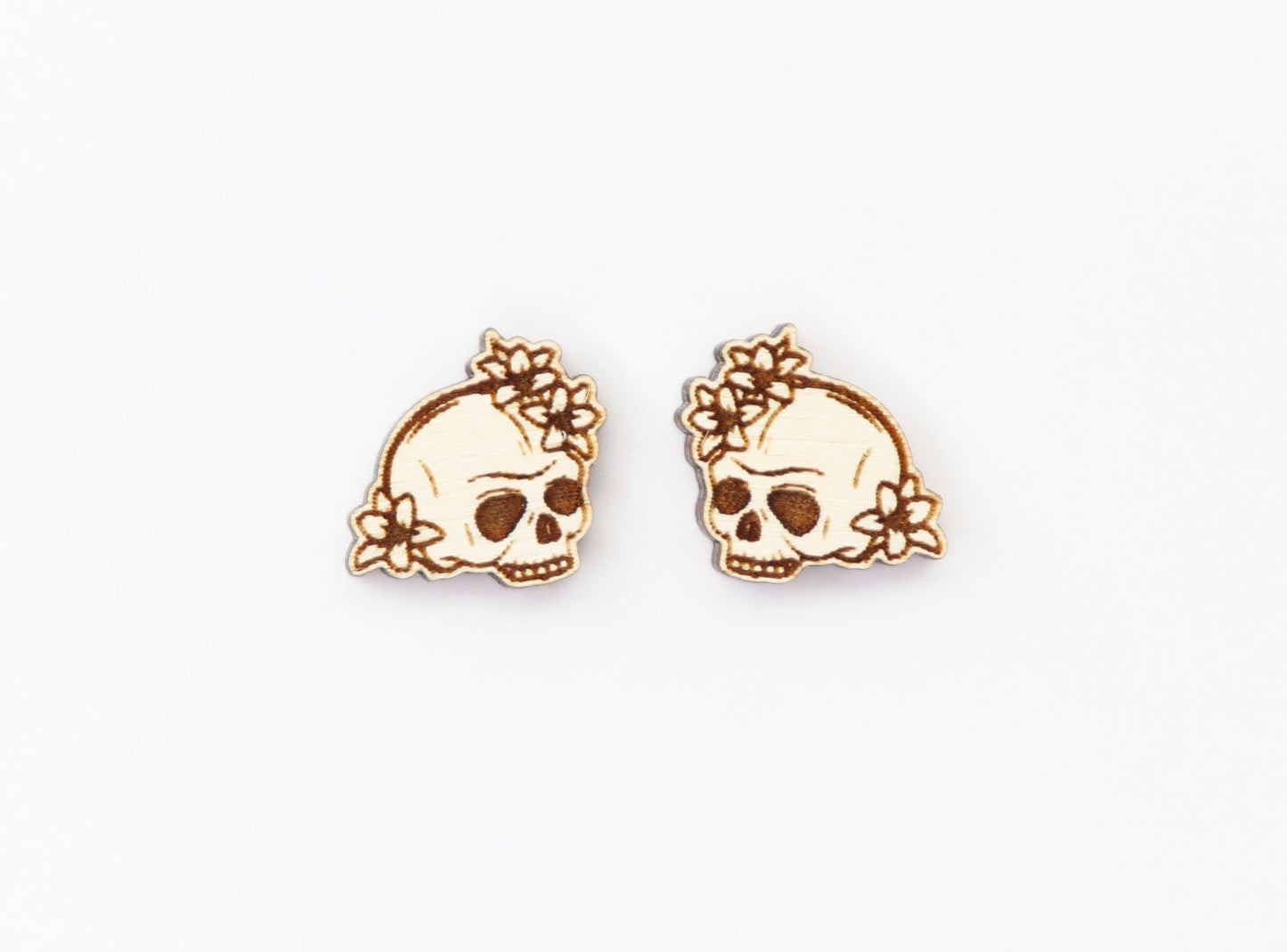 Skull and flowers earring blanks, wood studs, earring blanks