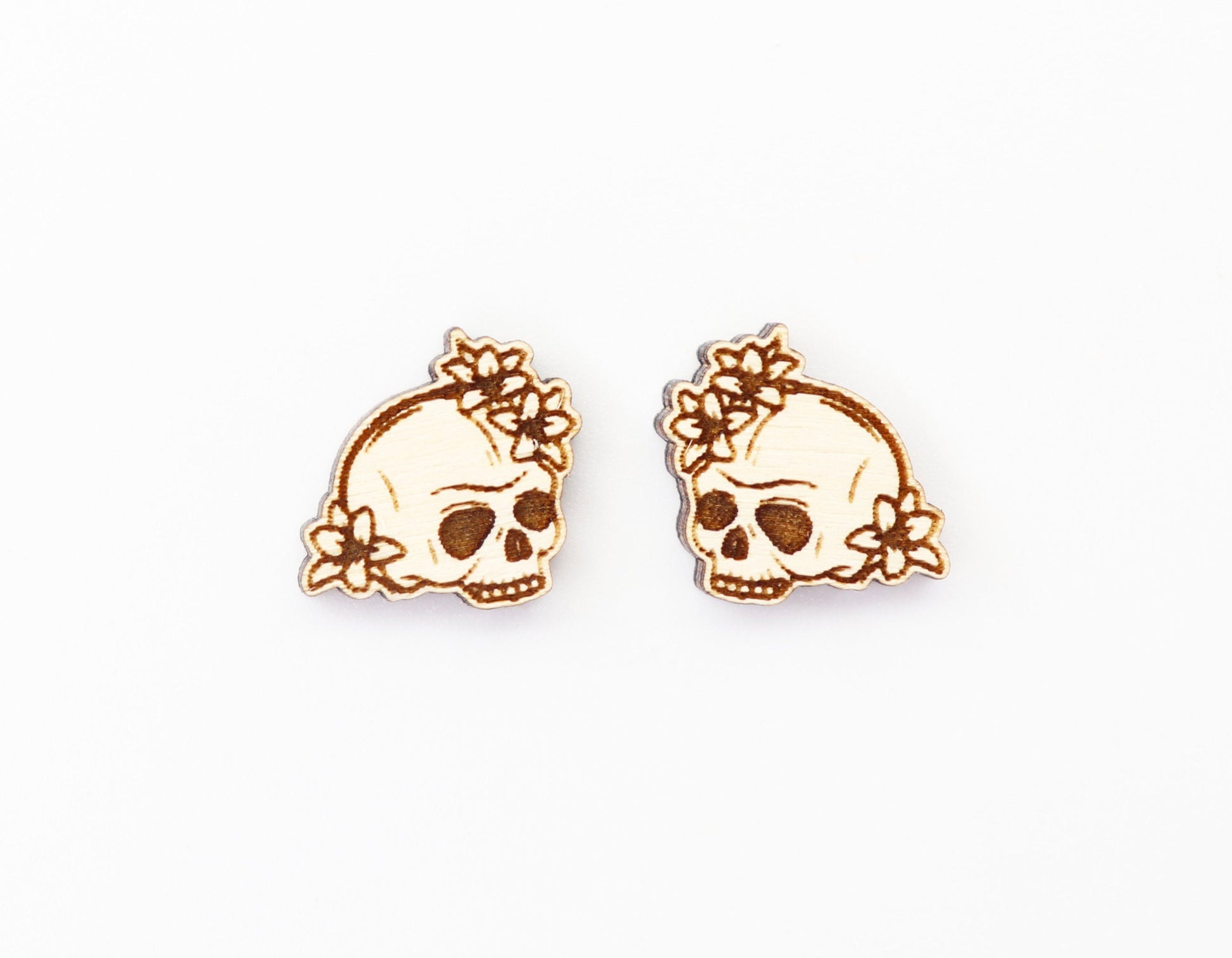 Skull and flowers earring blanks, wood studs, earring blanks