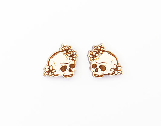 Skull and flowers earring blanks, wood studs, earring blanks