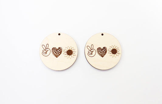 Peace love and Sunflower wood earring blanks, earring findings