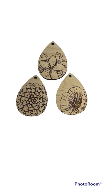 Floral Teardrop earring blanks, earring cutouts, wood blanks