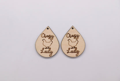 Crazy chicken lady Teardrops,  wood earring blanks, wood cutouts