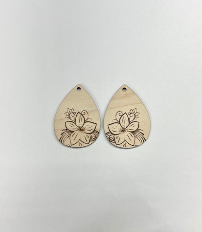 Floral Teardrop wood earring blanks, wood cutouts, earring blanks