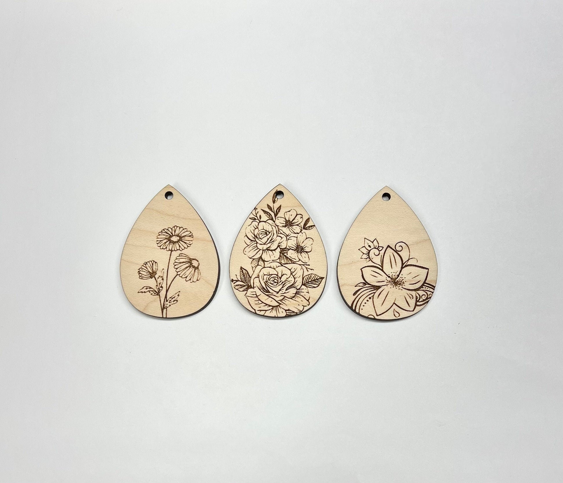 Floral Teardrop wood earring blanks, wood cutouts, earring blanks