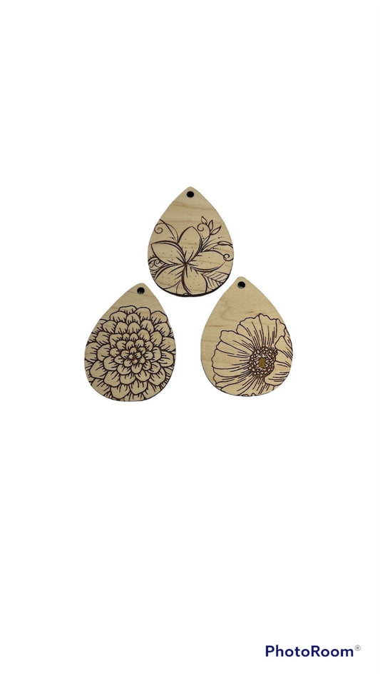 Floral Teardrop earring blanks, earring cutouts, wood blanks