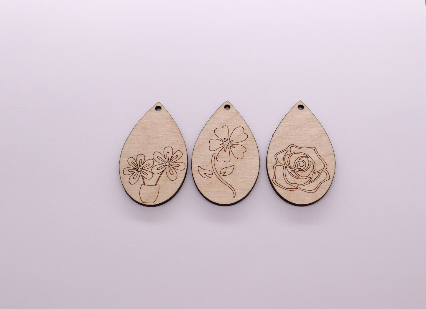 Floral wood earring blanks, flower cutouts, wood earrings