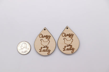 Crazy chicken lady Teardrops,  wood earring blanks, wood cutouts