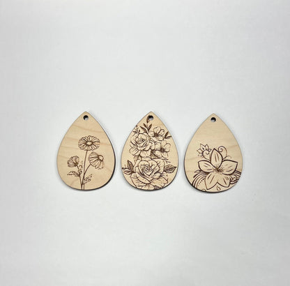 Floral Teardrop wood earring blanks, wood cutouts, earring blanks