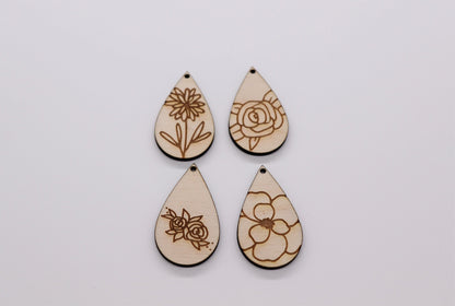 Flower Teardrops, wood earring blanks, wood cutouts