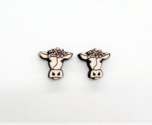 Floral cow stud blanks, wood earring blanks, cow cutouts