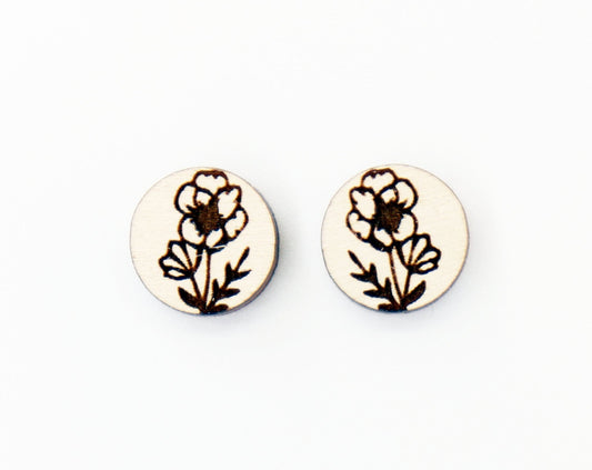 Flower stud blanks, DIY earrings, earring blanks, wood studs, sold per set