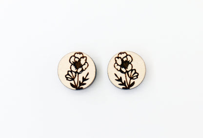 Flower stud blanks, DIY earrings, earring blanks, wood studs, sold per set