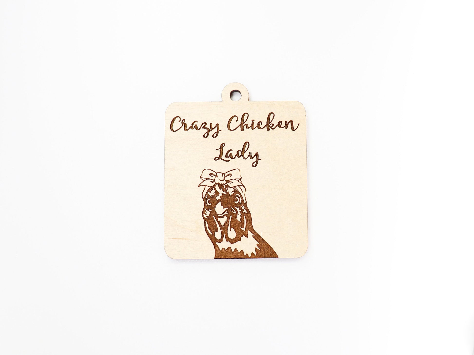 Crazy Chicken lady car charm, wood cutouts, chicken cutouts