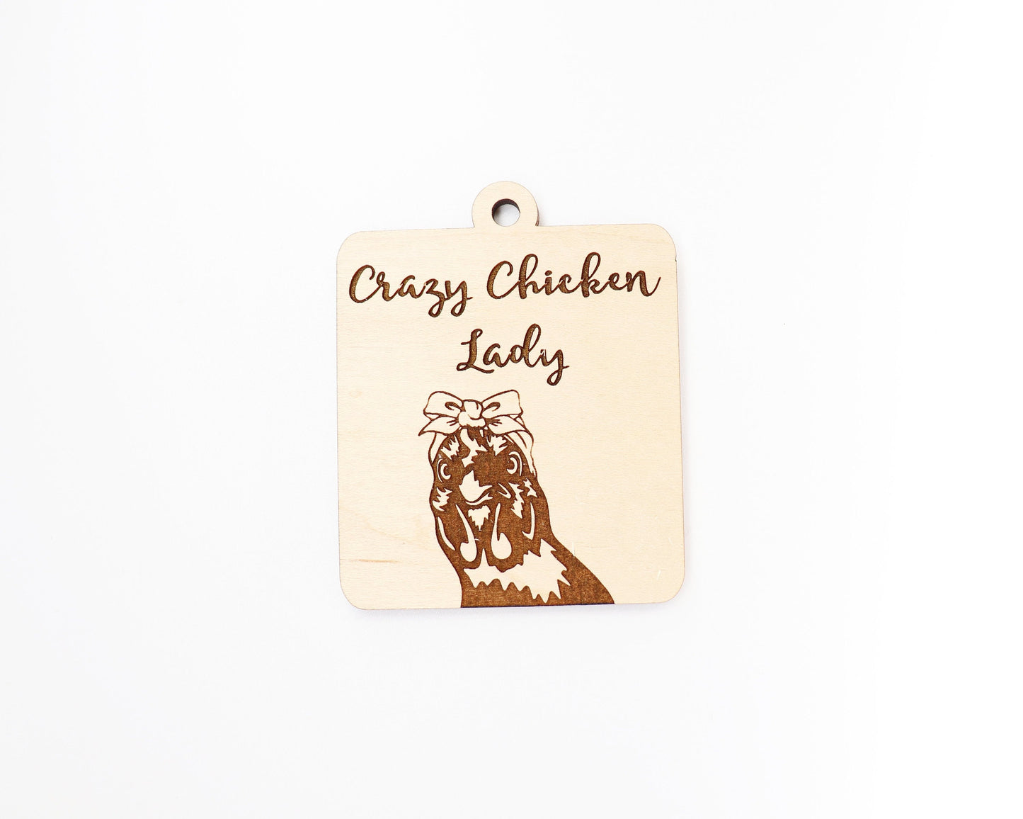 Crazy Chicken lady car charm, wood cutouts, chicken cutouts