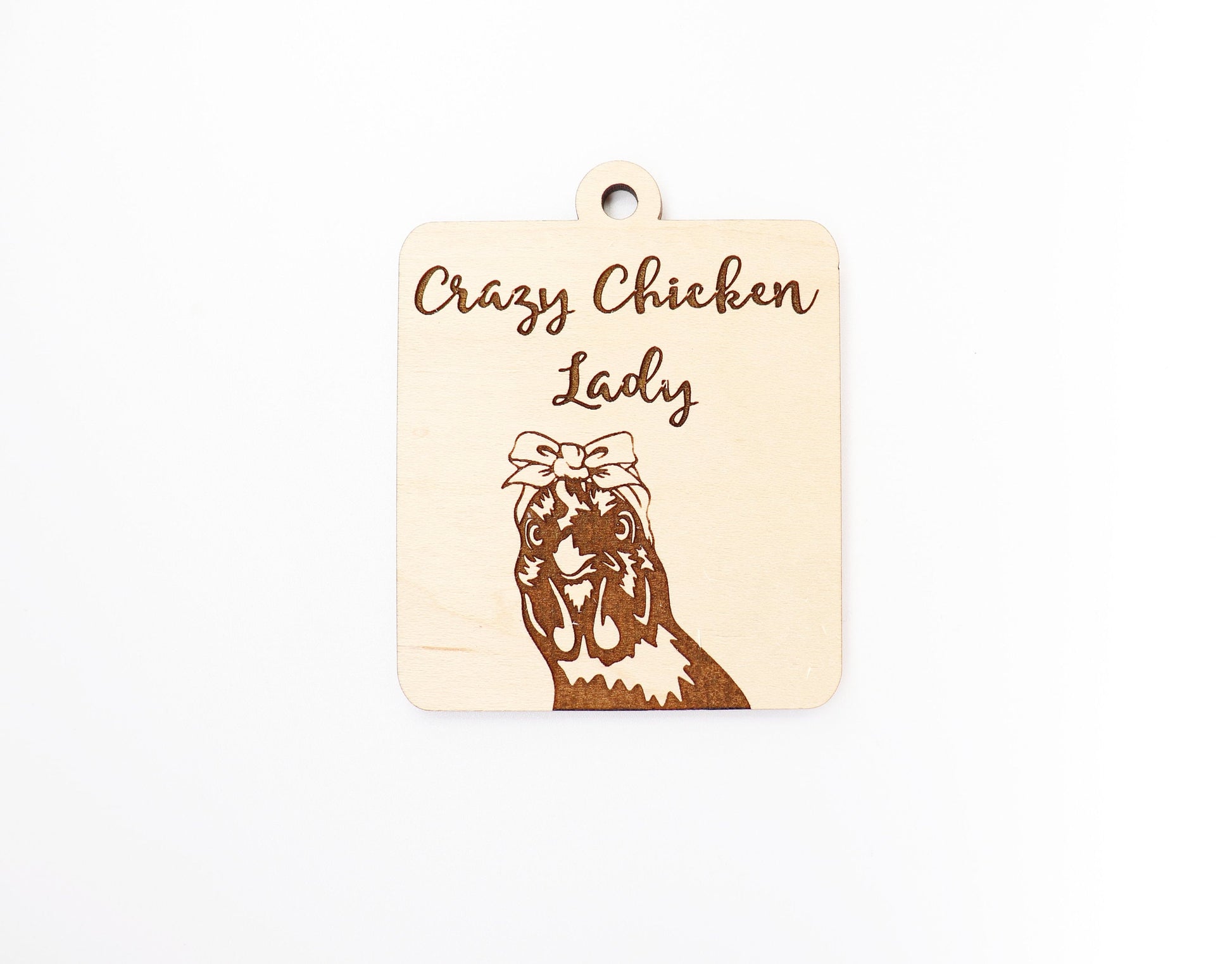 Crazy Chicken lady car charm, wood cutouts, chicken cutouts