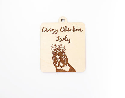 Crazy Chicken lady car charm, wood cutouts, chicken cutouts