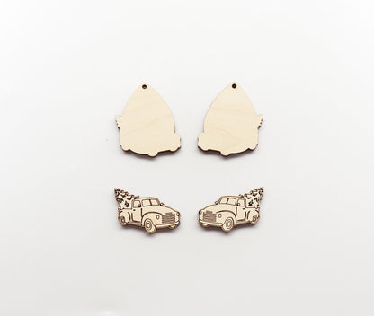 Layered Christmas truck earrings, earring blanks, wood cutouts