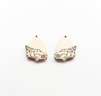 Layered Christmas truck earrings, earring blanks, wood cutouts