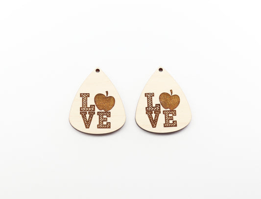 Teacher love wood earring blanks, earring blanks, sold per set