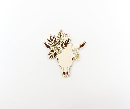 Floral Bull Car charm blank, wood blanks, wood cutouts