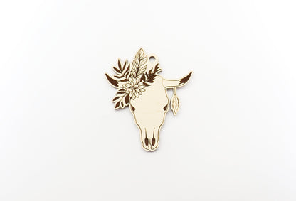 Floral Bull Car charm blank, wood blanks, wood cutouts